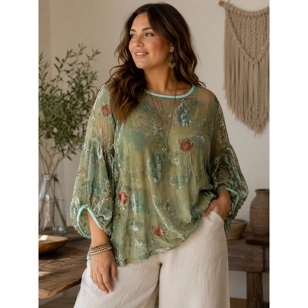 Burnout Velvet Floral Sheer Boho Blouse Sage Green Balloon Sleeve SOOLINEN 2XL